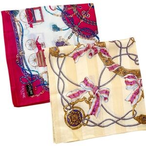 Celine Silk Scarf Duo Set Carriage Print & Ribbon Ropes 100% Silk 18” Squares